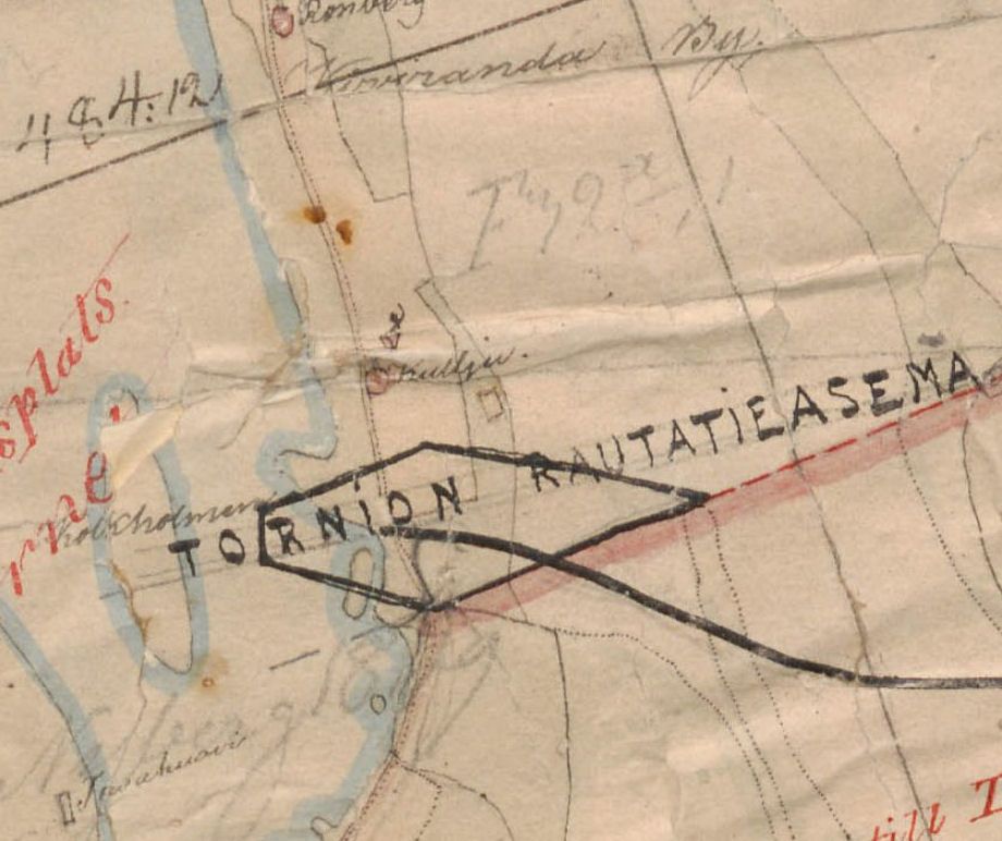 Kartassa Kuljun eli entisen F&ouml;raren talon sijainti. Nykyist&auml; Tornion kaupunkia