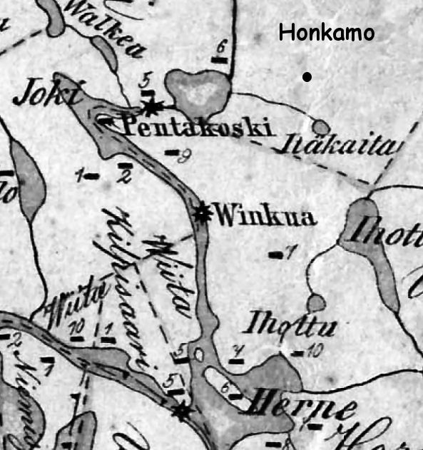 Kartassa Honkamon talon sijainti ja alempana vasemmalla Kilpisaari no 1